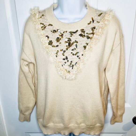 Modcloth Molly Bracken Gold Sequin Lace Yoke Sweater Cream S - Picture 3 of 9